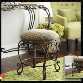 Beige Cushioned, Tumbled Patterned, Wrought Iron Pouf