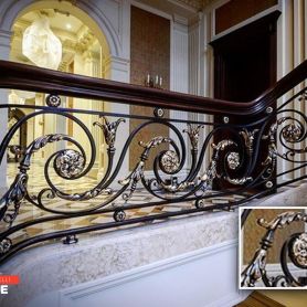Wooden Detailed Flower Pattern Wrought Iron Stair Railing