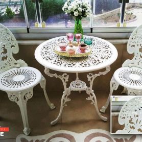 White Embroidered, Elegant Wrought Iron Table and Chair Set