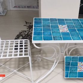 Marble Tile Detail Wrought Iron Table and Chairs