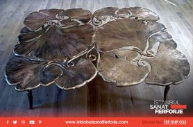 Wrought Iron Coffee Table with Worn Wood Clover Pattern
