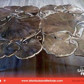 Wrought Iron Coffee Table with Worn Wood Clover Pattern