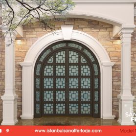 Double Door, Glass Coating, Square Pattern Detailed, Wrought Iron Entry Door
