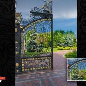 Flower Detail, Wrought Iron Garden Gate