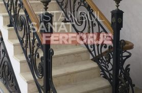 Floral Detailed Interior Stair Wrought Iron Railing With Wooden Border