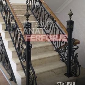 Floral Detailed Interior Stair Wrought Iron Railing With Wooden Border