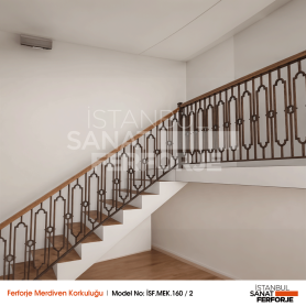 Modern Ferforje Merdiven Korkuluğu Masif Ahşap Tırabzan- Model No: İSF.MEK.160 / 2