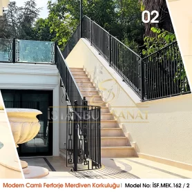 Modern Camlı Ferforje Merdiven Korkuluğu | Model No: İSF.MEK.162 / 2