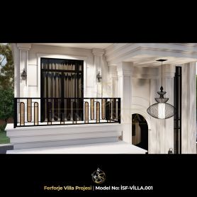 Ferforje villa projesi iSF.VILLA.001 – balkon korkuluğu, avize ve aplik detaylı modern dış cephe