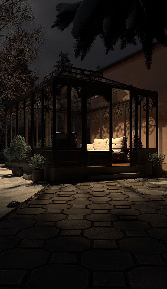 Ferforje kış bahçesi gece görünümü