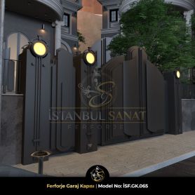 Ferforje garaj kapısı modern çizgiler ve dairesel aydınlatma detayları