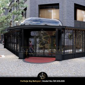 Cafe ve restoran girişleri için ferforje kış bahçesi ve sundurma detayı