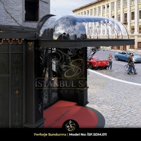 Ferforje sundurma yan cephe görünümü, otel ve cafe girişleri için özel üretim sundurma sistemi