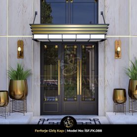 Modern mimariye uyumlu, sundurmalı ferforje giriş kapısı modeli ISF.FK.088, villa ve prestijli bina girişleri için özel üretim tasarım
