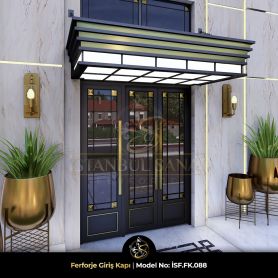 Altın detaylara sahip ferforje villa giriş kapısı, sundurmalı modern ferforje kapı modeli ISF.FK.088