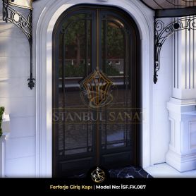 Lüks ferforje villa giriş kapısı, kemerli camlı ferforje kapı, özel tasarım villa kapısı modeli ISF.FK.087