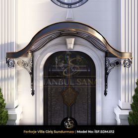 Özel üretim ferforje villa giriş sundurması ISF.SDM.012, simetrik taşıyıcı ayaklar ve cam tavanlı sundurma tasarımıyla prestijli villa girişleri için