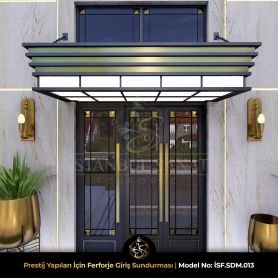 Prestijli rezidans ve villa girişleri için özel tasarım ferforje giriş sundurması, modern çizgiler ve entegre aydınlatma detayı