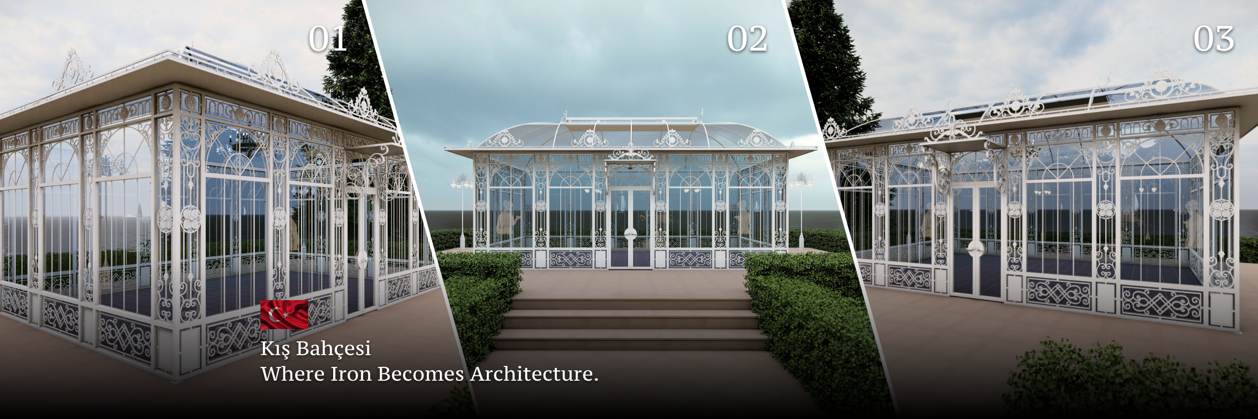İstanbul’da özel tasarım beyaz ferforje kış bahçesi modeli, villa ve otel projeleri için camlı ferforje kış bahçesi uygulaması