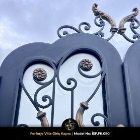 Neo-klasik rokoko esintili ferforje villa giriş kapısı üst taç detayı, çift kanatlı mimari demir kapı – ISF.FK.090