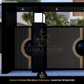 Modern ferforje bahçe giriş kapısı siyah ve gold detaylı villa kapı tasarımı