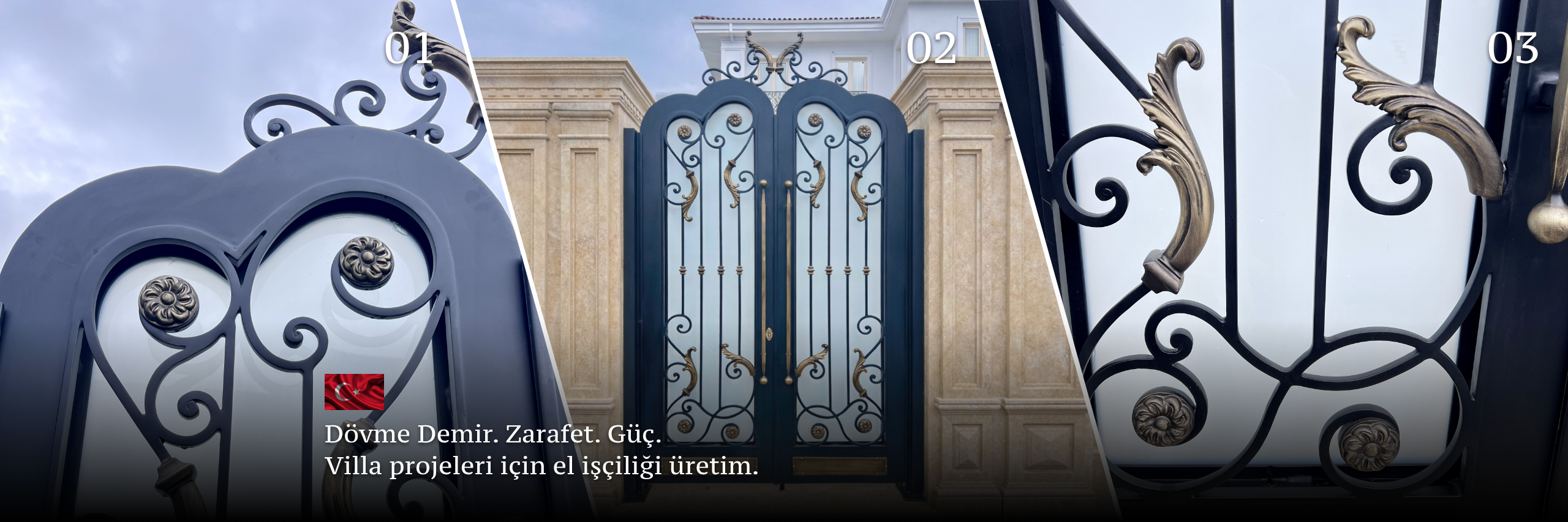 İstanbul’da özel tasarım dövme demir villa giriş kapısı uygulaması, el işçiliği ferforje detaylı lüks konut projesi