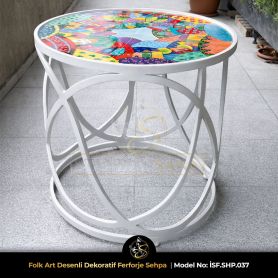 Yuvarlak folk art desenli ferforje sehpa modeli, el işçiliği dövme demir sehpa, balkon ve bahçe dekorasyonu için özel tasarım ferforje sehpa İstanbul