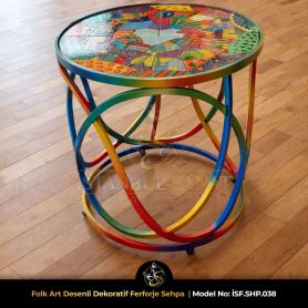 Renkli el yapımı boyalı dekoratif ferforje sehpa folk art seramik tablalı tasarım sehpa
