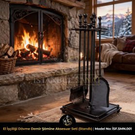 El işçiligi dövme demir ferforje şömine aksesuar seti standlı kürek maşa fırça lüks model ISF SMN 001 İstanbul