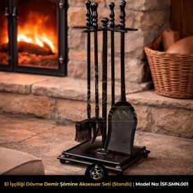 Şömine önünde kullanılan dövme demir ferforje şömine aksesuar seti rustik dağ evi dekorasyonu