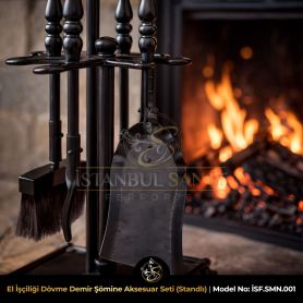 Dövme demir ferforje şömine seti detay işçiligi kürek maşa fırça yakın çekim