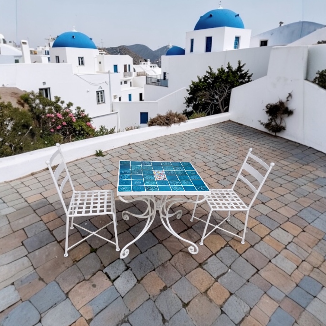 Lüks villa ve otel projeleri için mimari tasarımlı, el işçiliği beyaz ferforje masa sandalye takımı ve turkuaz çini detayları