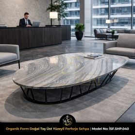 Organik form mermer üst yüzeyli ferforje sehpa modern ofis lobi tasarımında doğal taş coffee table İstanbul Sanat Ferforje