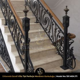 S kıvrımlı scroll motifli villa tipi ferforje merdiven korkuluğu modeli, dövme demir el işçiliği iç mekan merdiven korkuluğu