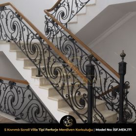 Scroll motifli villa içi ferforje merdiven korkuluğu, S kıvrımlı dövme demir merdiven korkuluk modeli