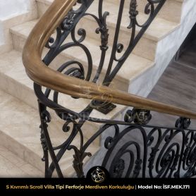 S kıvrımlı scroll ferforje merdiven korkuluğu detay görüntüsü, dövme demir el işçiliği korkuluk tasarımı