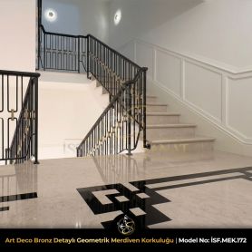 Galeri boşluğu için geometrik desenli ferforje korkuluk, Art Deco stilinde bronz birleşim detaylı üst kat korkuluğu